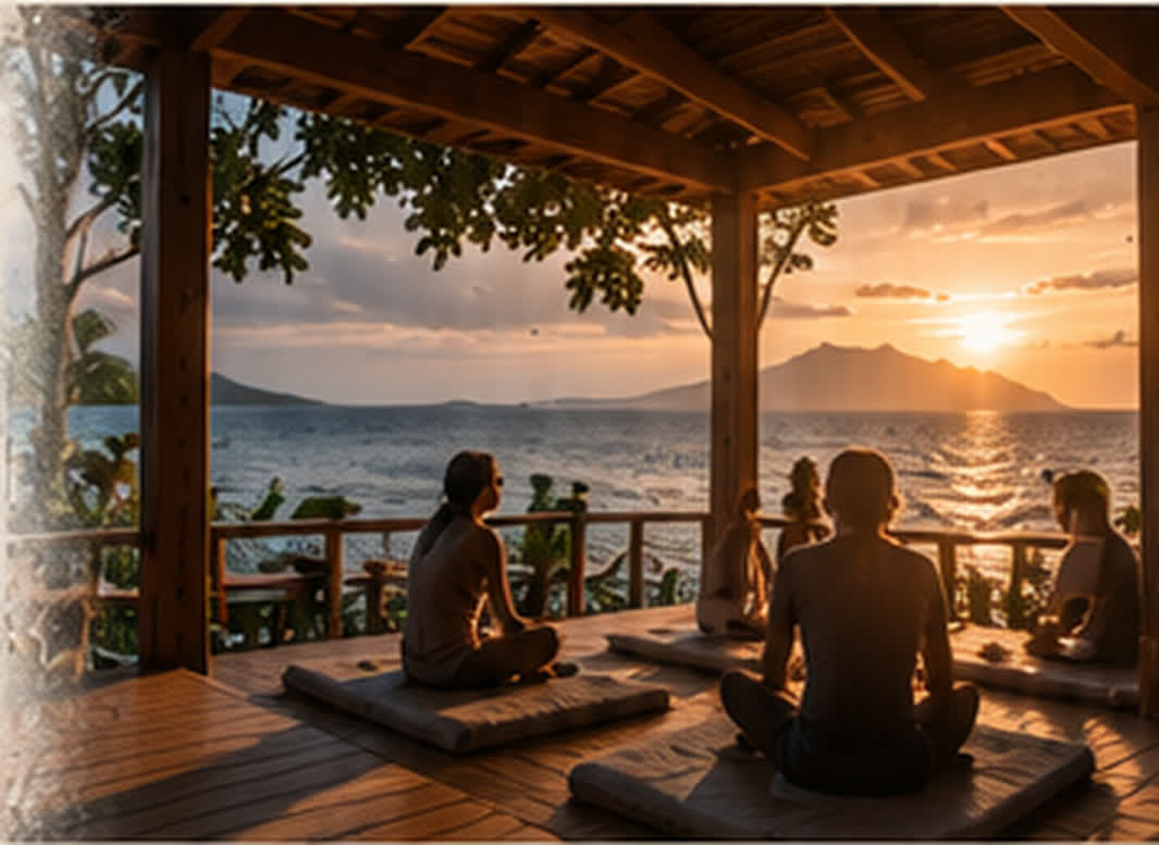 People meditating in an open pavilion at sunset by the sea