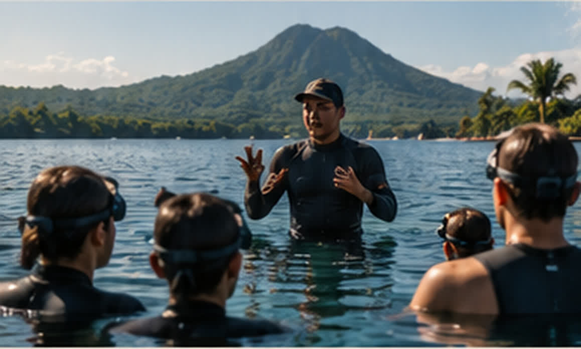 Freediving instructor with children in the water