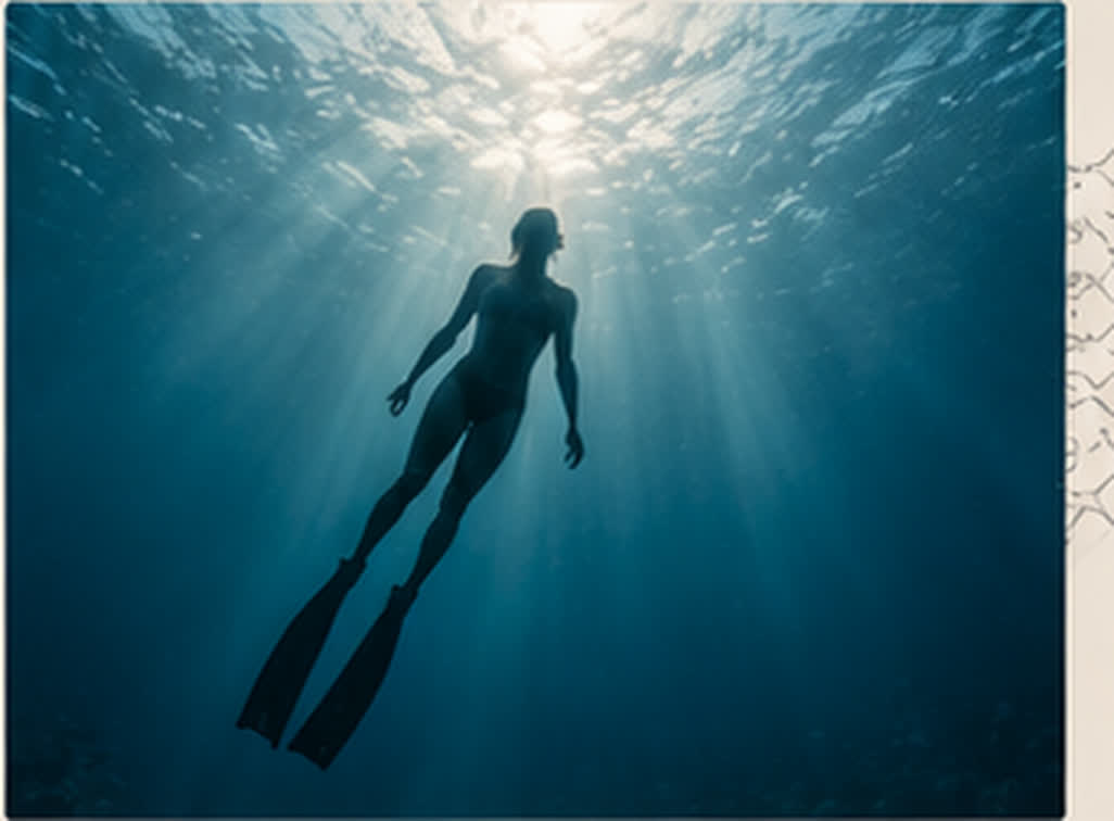 Freediver descending in blue water with sunlight from above