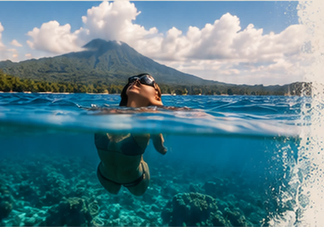 Snorkeler at the water surface with a volcano in the background