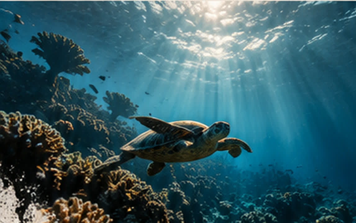 Sea turtle swimming over a coral reef in sunlit water