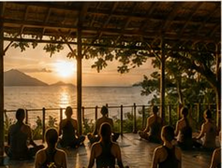 Group meditation at sunset